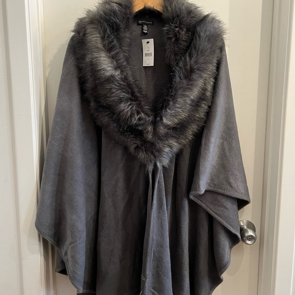 Grey Poncho with Faux Fur Collar